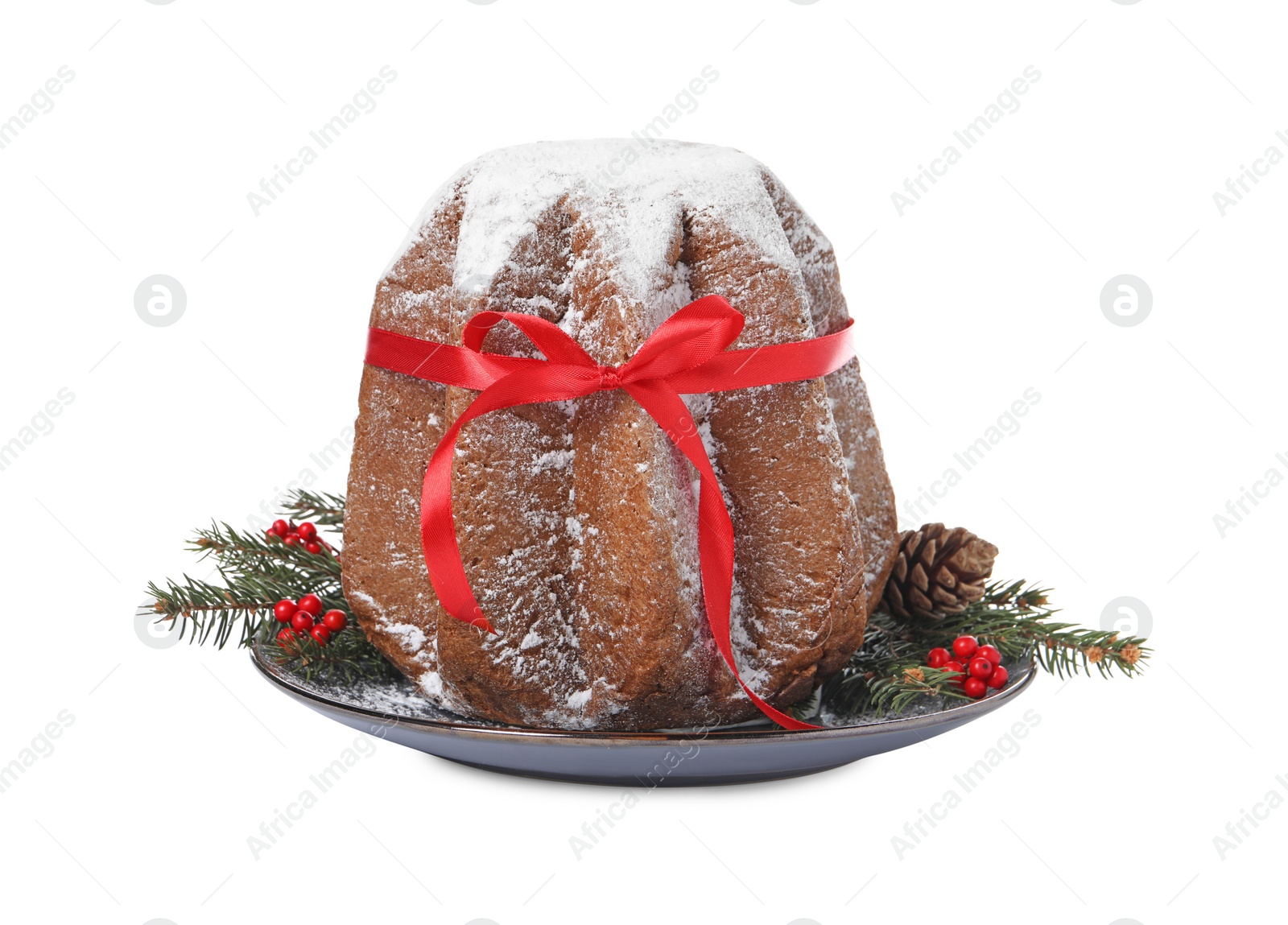 Photo of Delicious Pandoro cake with powdered sugar and red bow, Christmas decor on white background. Traditional Italian pastry