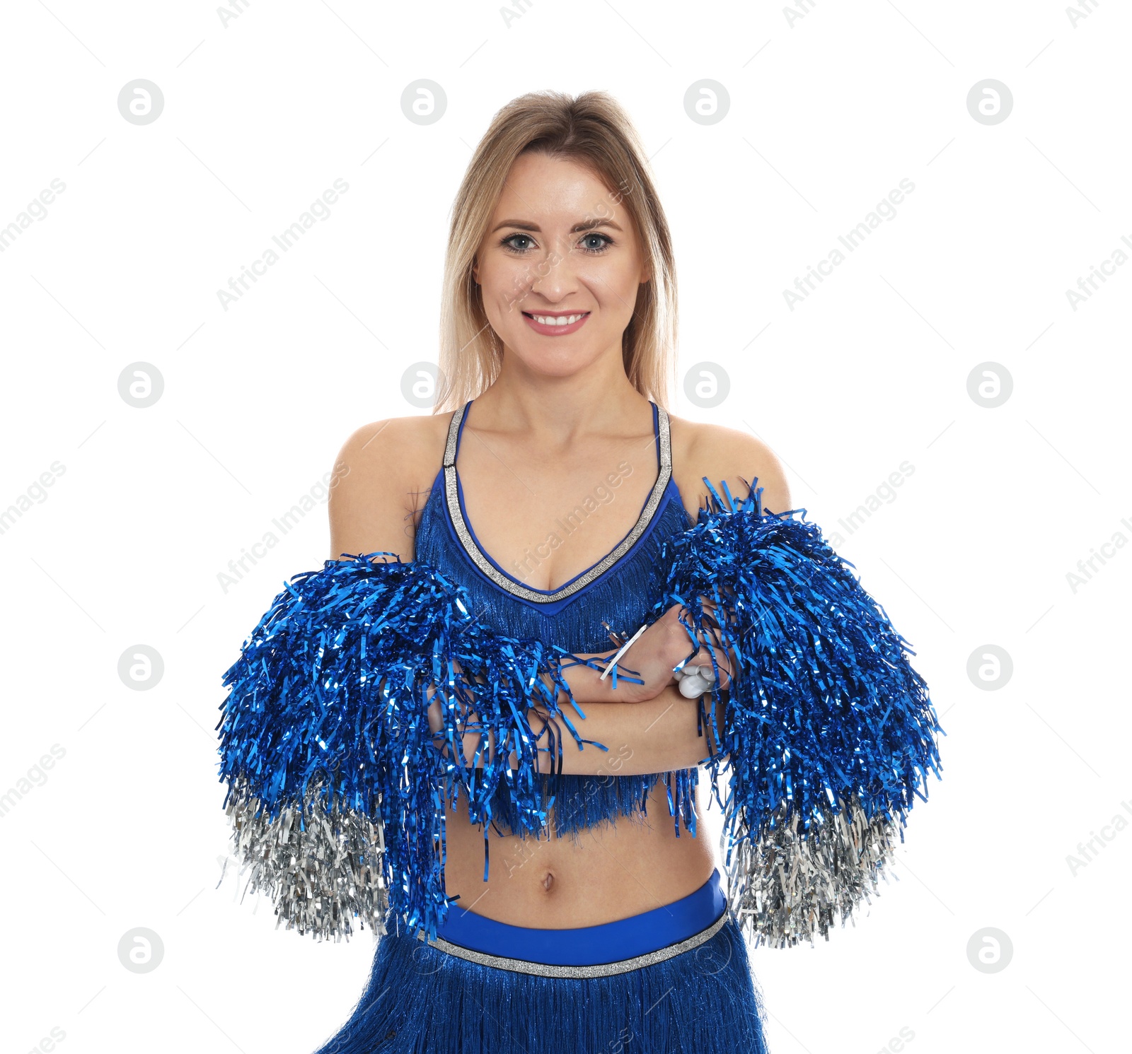 Photo of Beautiful cheerleader in costume holding pom poms on white background