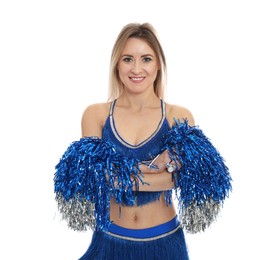 Photo of Beautiful cheerleader in costume holding pom poms on white background