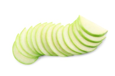 Photo of Slices of apple on white background, top view