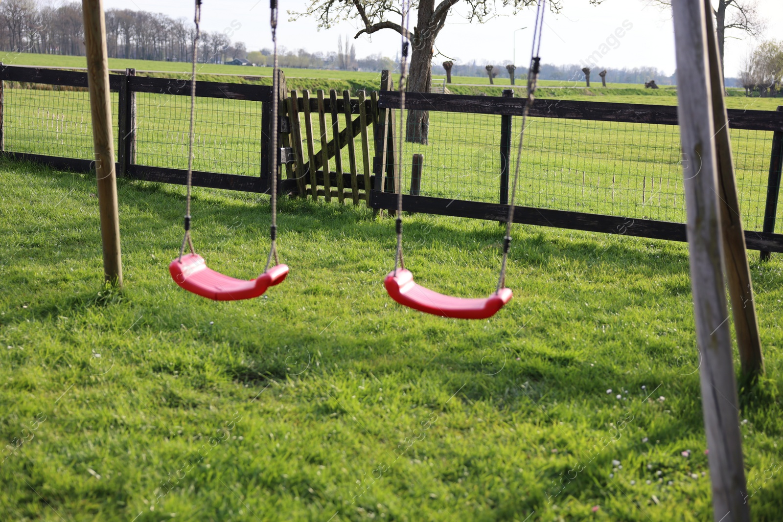 Photo of Outdoor swings on green grass near wooden fence outdoors