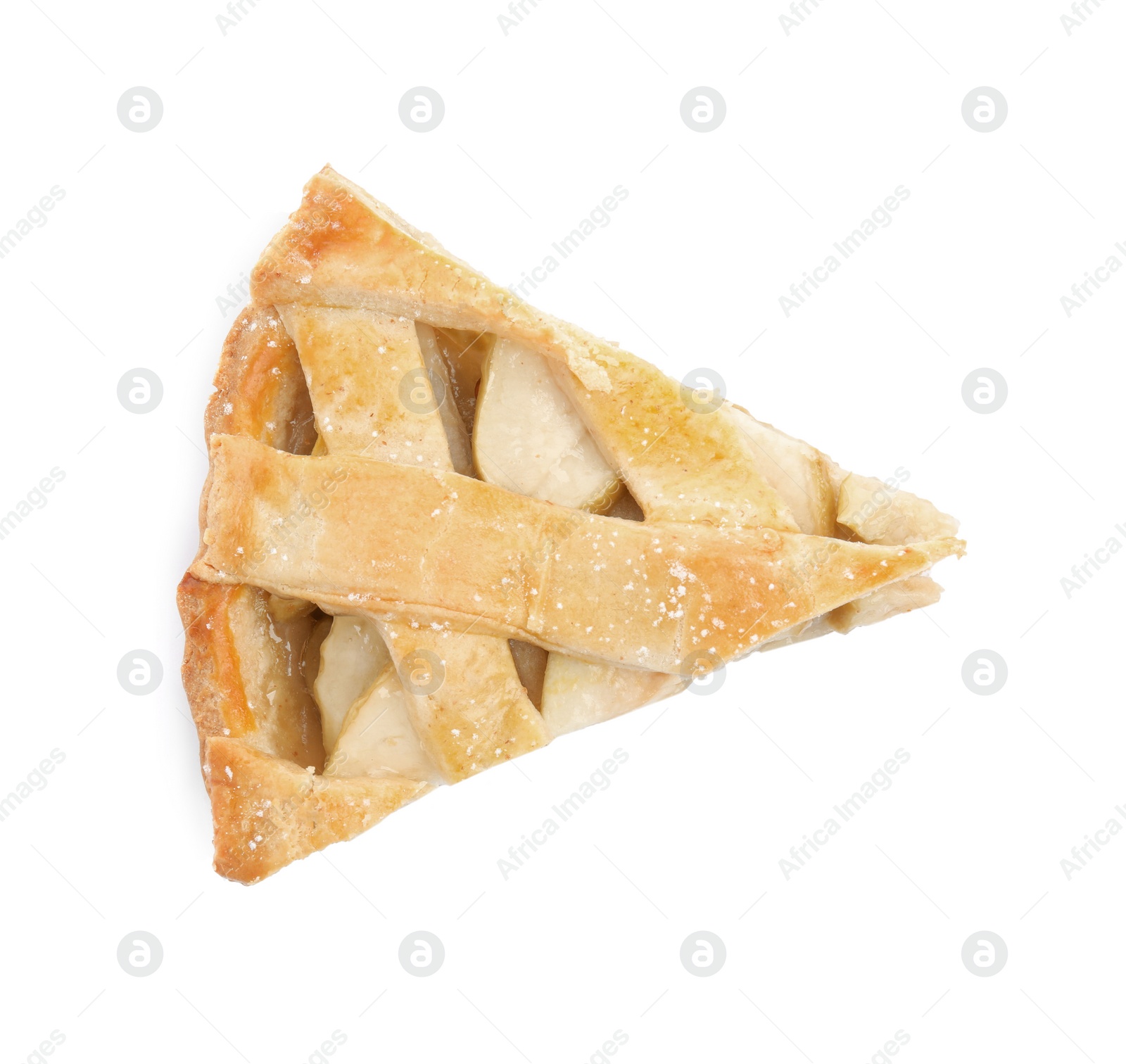 Photo of Slice of delicious traditional apple pie isolated on white, top view