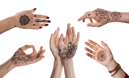 Closeup view of women with henna tattoo on hands against white background, collage. Traditional mehndi ornament