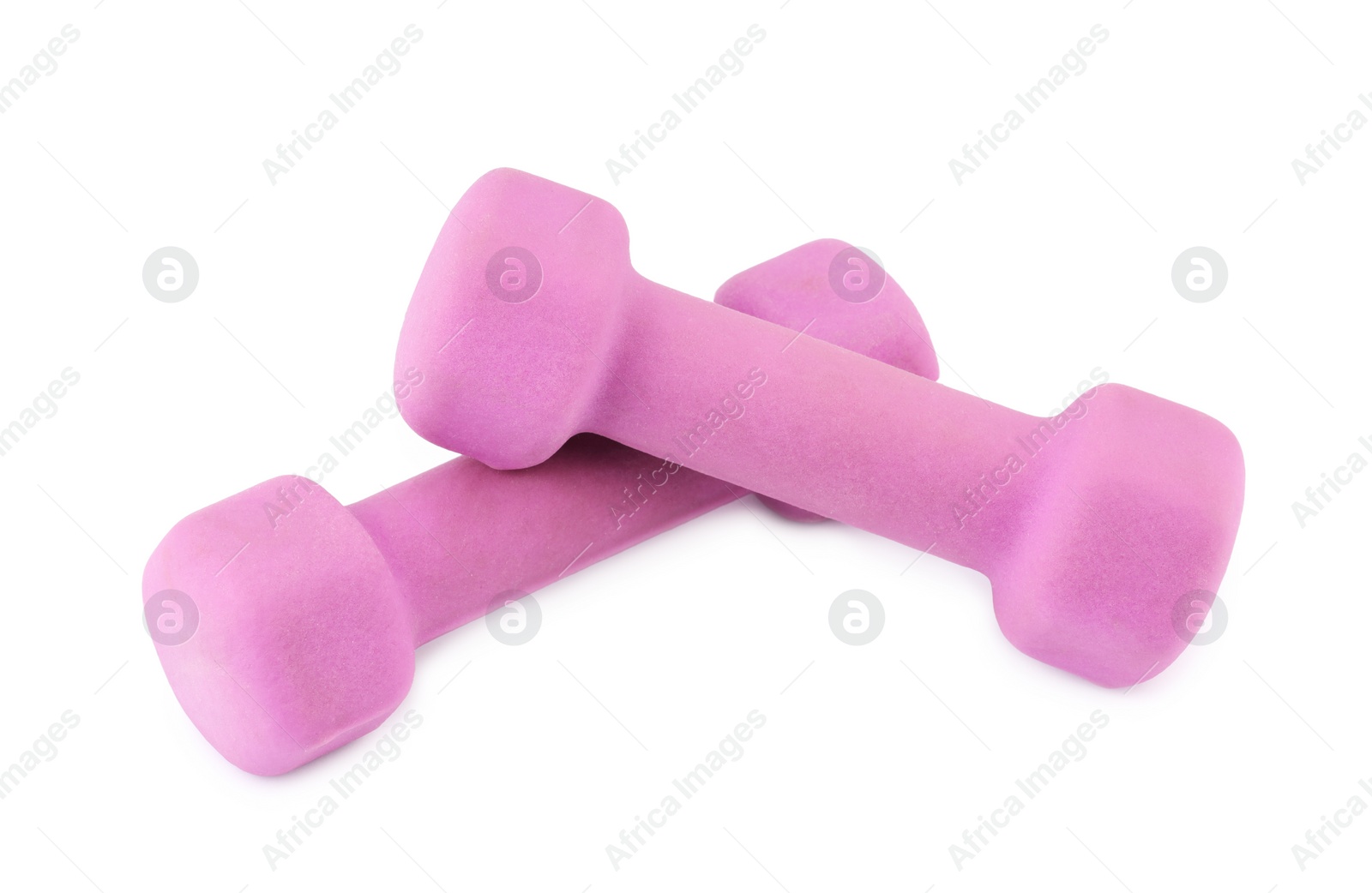 Photo of Pink dumbbells isolated on white. Sports equipment