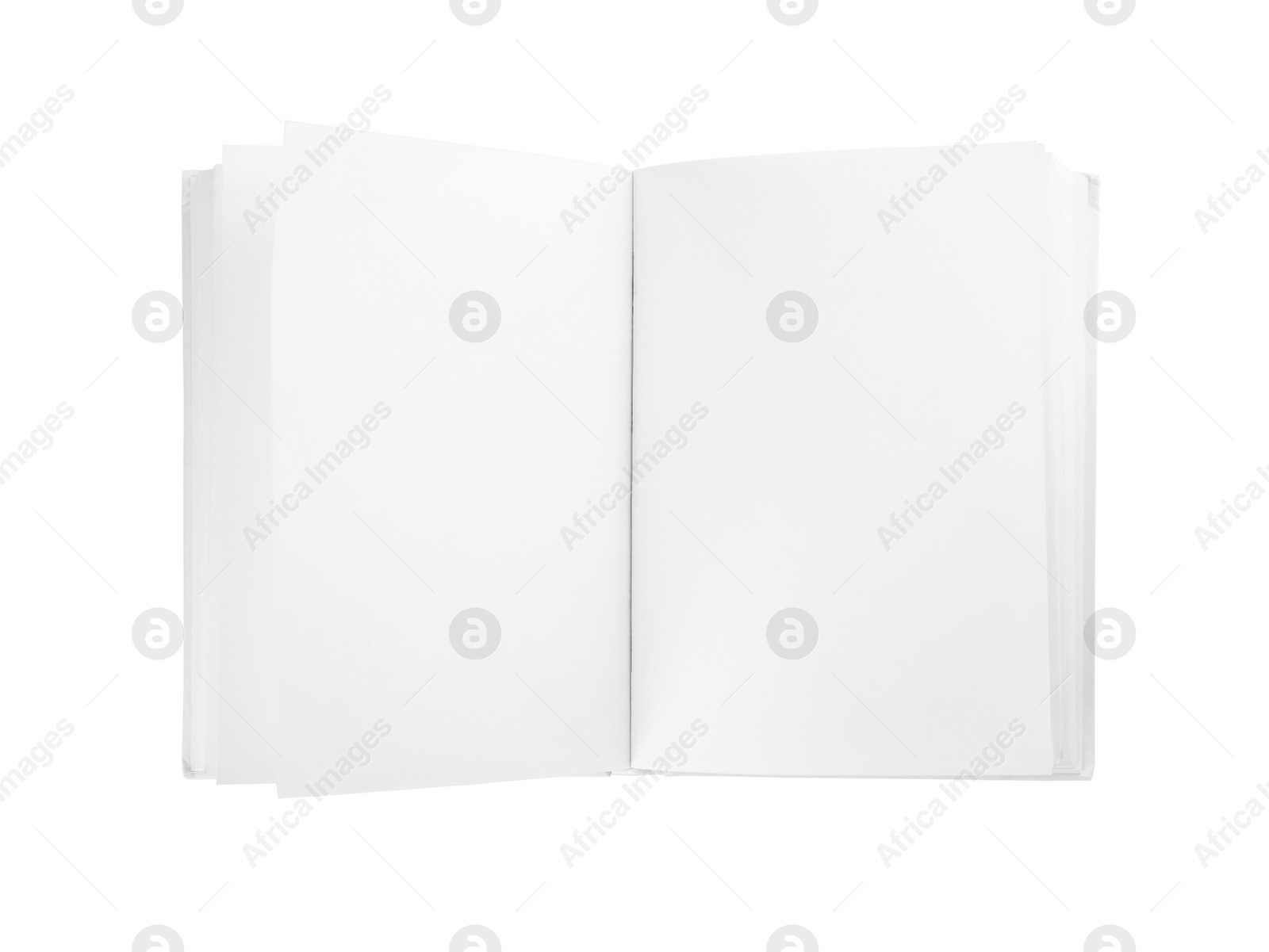 Photo of Mock up of open book on white background, top view