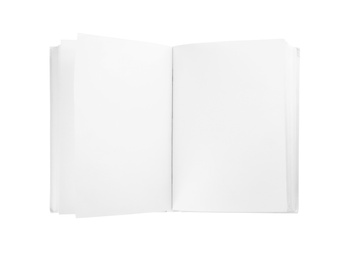 Photo of Mock up of open book on white background, top view