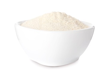 Photo of Bowl with quinoa flour on white background