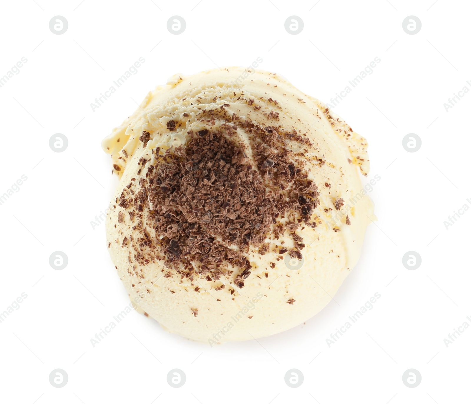 Photo of Delicious banana ice cream with chocolate crumbs isolated on white, top view