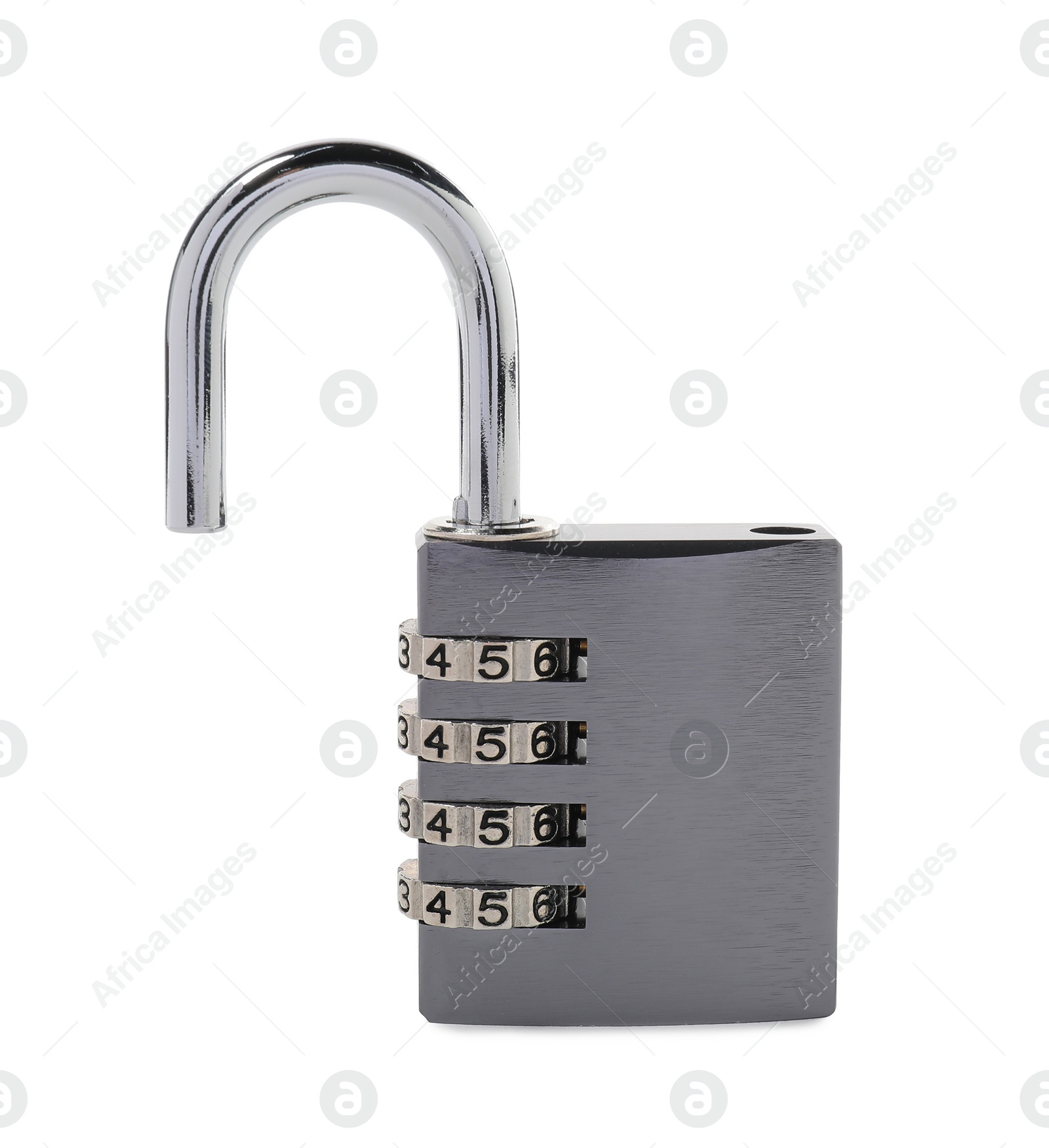 Photo of Unlocked steel combination padlock isolated on white