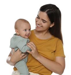 Photo of Beautiful mother with her cute baby on white background