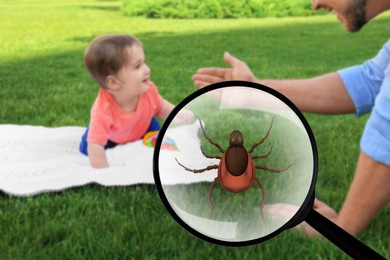 Seasonal hazard of outdoor recreation. Little baby crawling towards father on blanket in nature. Illustration of magnifying glass with tick, selective focus
