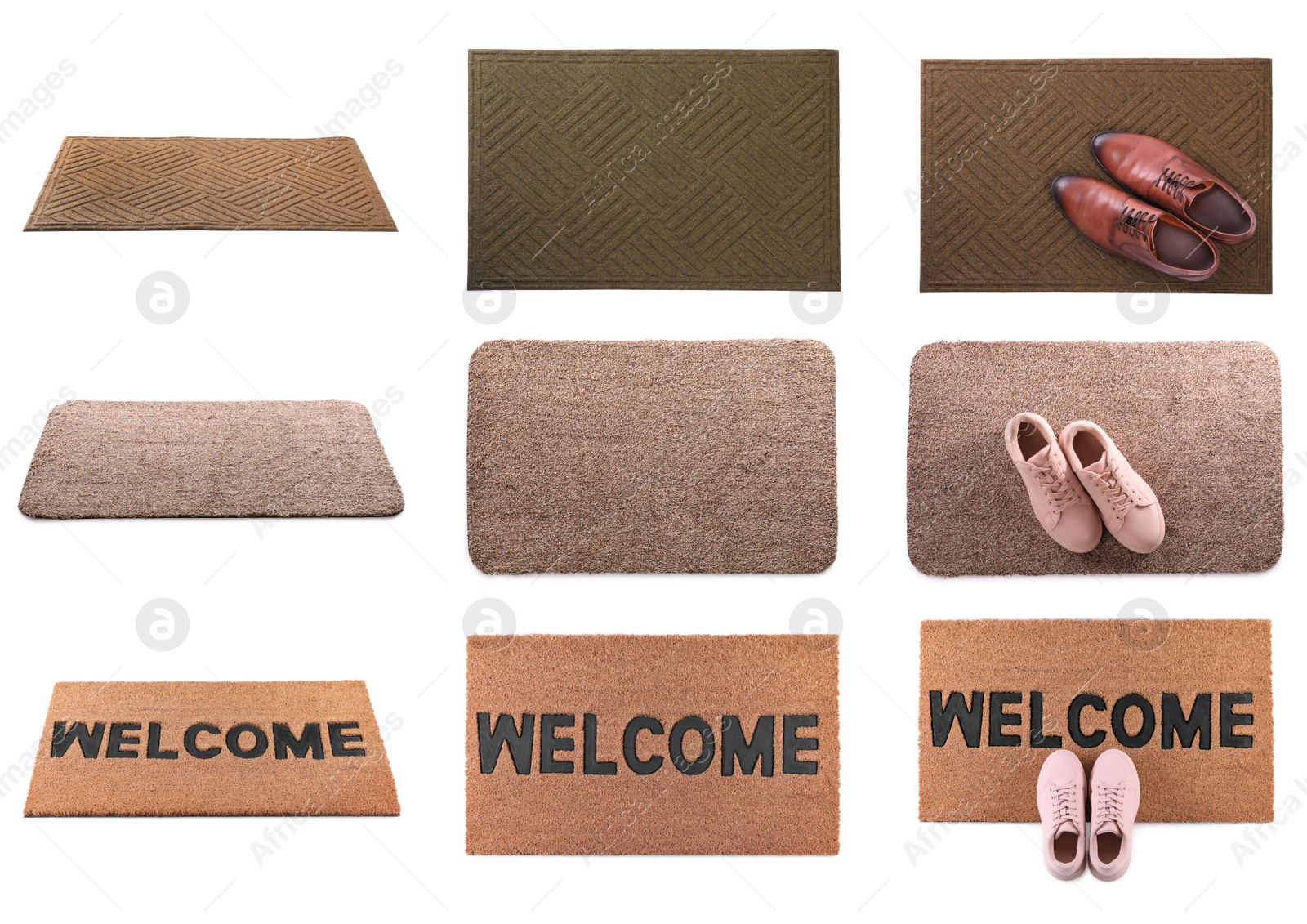 Image of Set with different door mats and shoes on white background