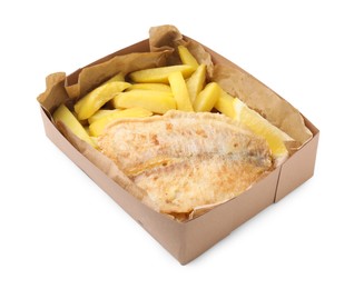 Delicious fish and chips in paper box isolated on white