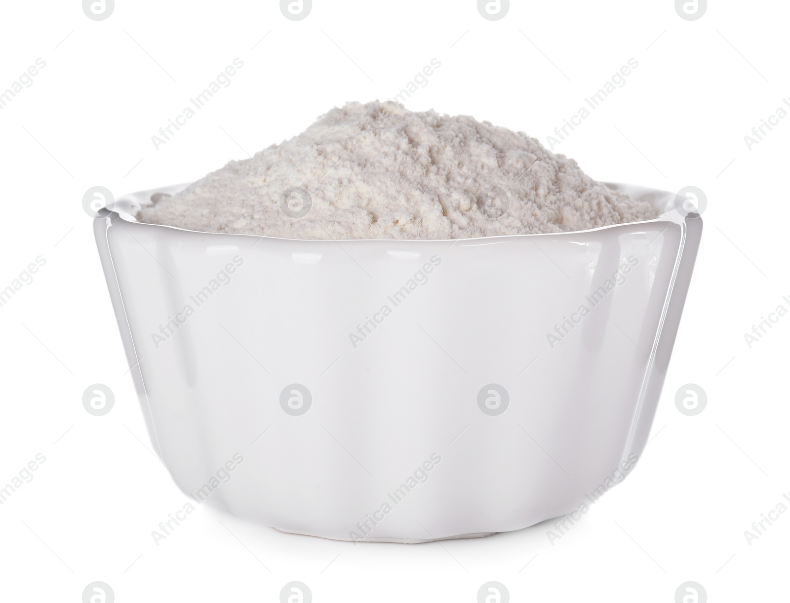 Photo of Organic flour in ceramic bowl isolated on white.