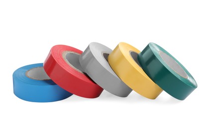 Colorful insulating tapes on white background. Electrician's supplies