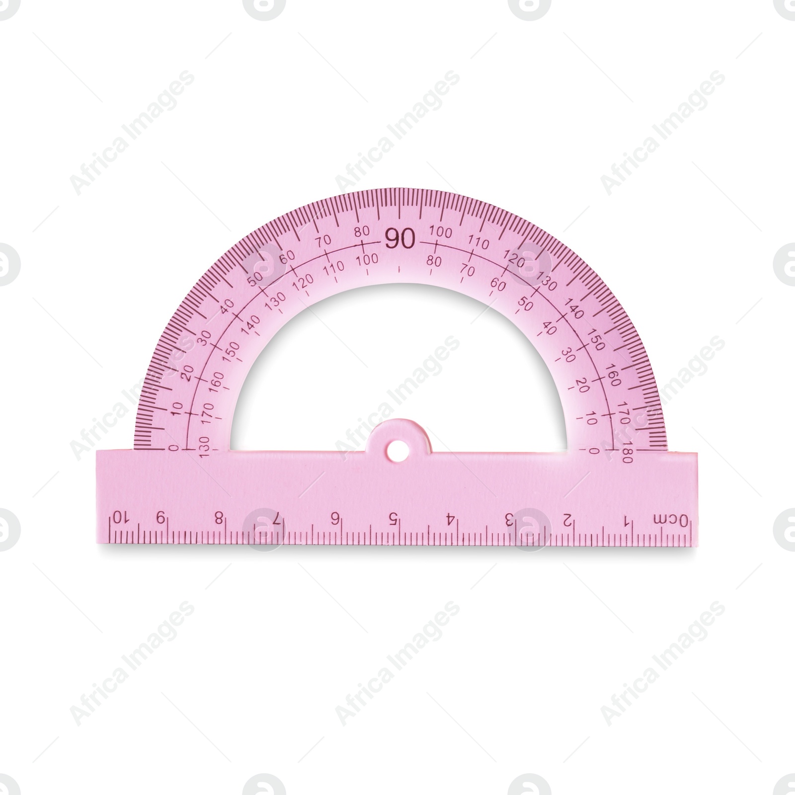 Photo of Protractor with measuring length and degrees markings isolated on white, top view