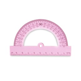 Photo of Protractor with measuring length and degrees markings isolated on white, top view