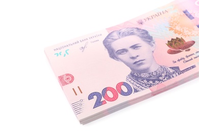 Photo of 200 Ukrainian Hryvnia banknotes on white background