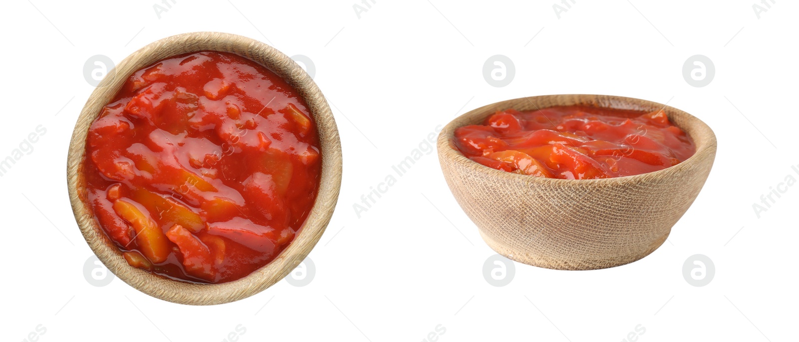 Image of Collage of lecho in wooden bowl on white background, top and side views