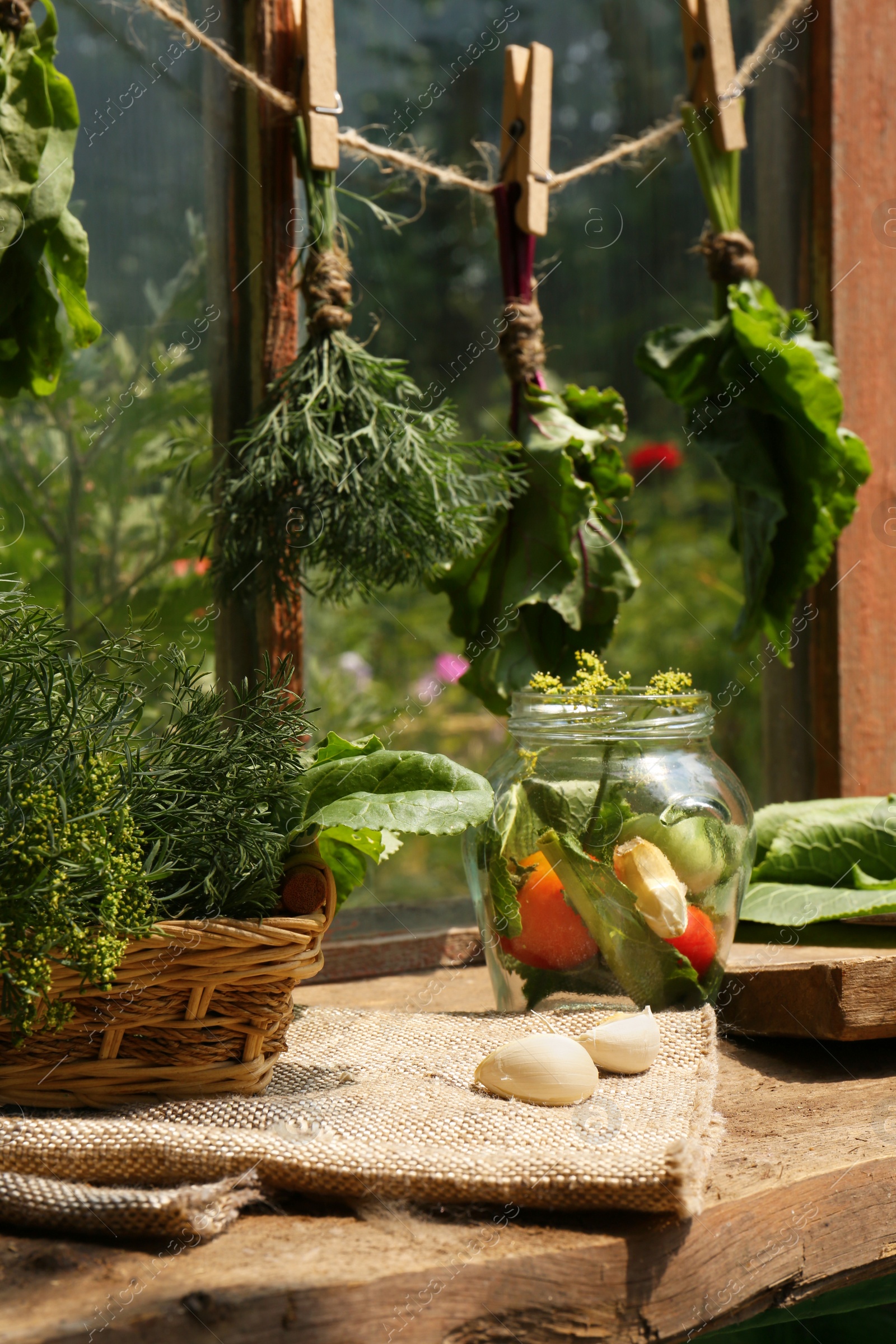 Photo of Bunches of fresh green herbs over table with ingredients indoors