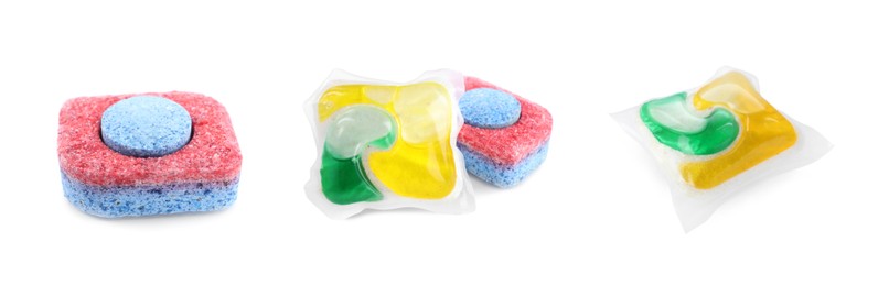Image of Set with dishwasher detergent tablets and gel capsules on white background. Banner design