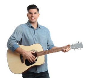 Photo of Man with guitar on white background. Music teacher