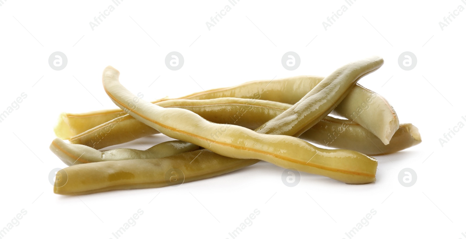 Photo of Pile of canned green beans on white background