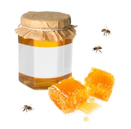 Image of Jar of honey with blank label on white background, mockup for design. Bees flying above pieces of honeycomb