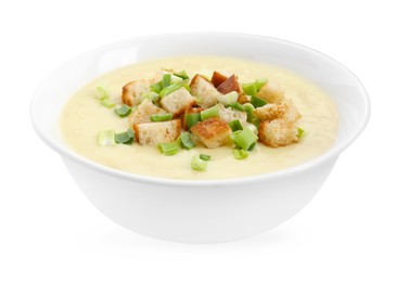 Photo of Tasty potato soup with croutons and green onion in bowl isolated on white