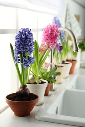 Beautiful hyacinths in flowerpots near sink on window sill indoors