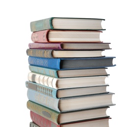 Photo of Stack of hardcover books on white background