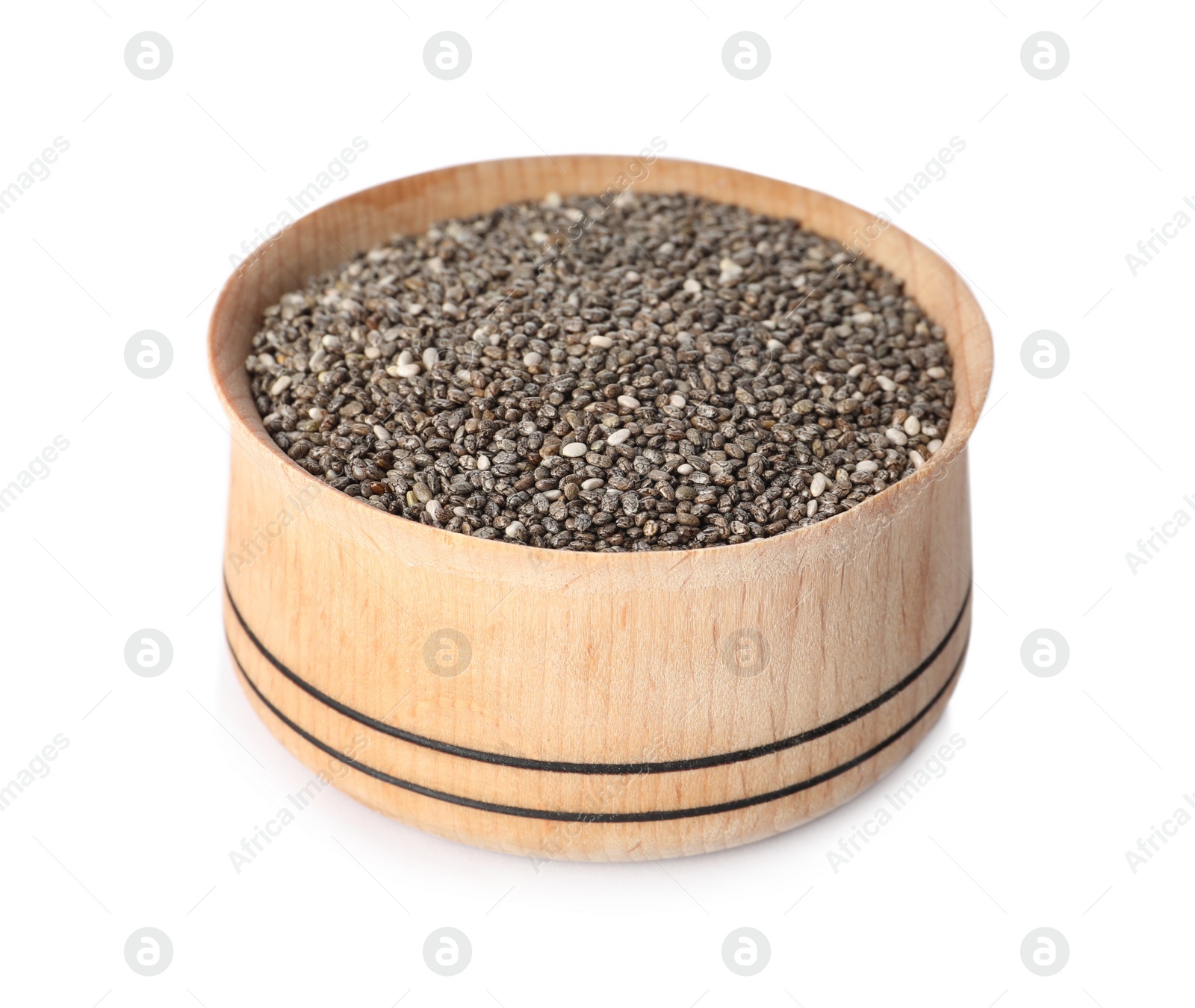 Photo of Chia seeds in wooden bowl isolated on white