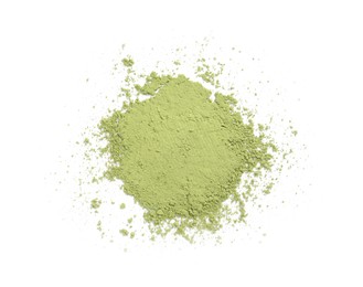 Pile of green matcha powder isolated on white, top view