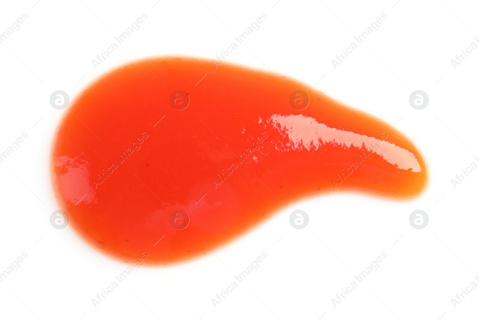 Photo of Tasty tomato sauce isolated on white, top view