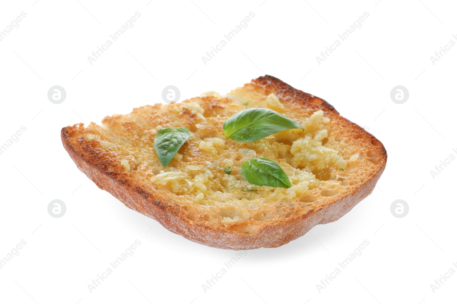 Photo of Slice of toasted bread with garlic and herb on white background