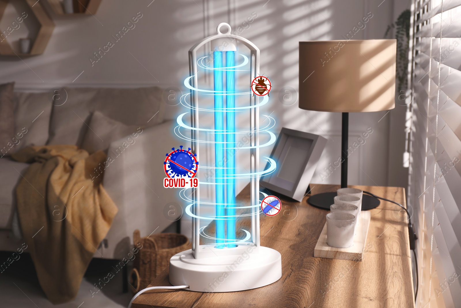 Image of UV lamp for light sterilization on table in living room