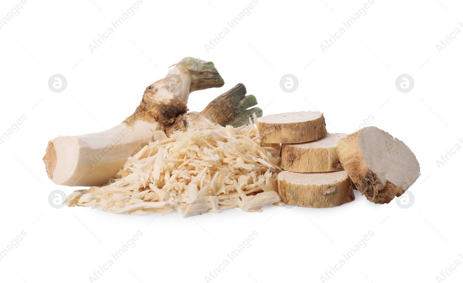Photo of Grated and cut horseradish root isolated on white