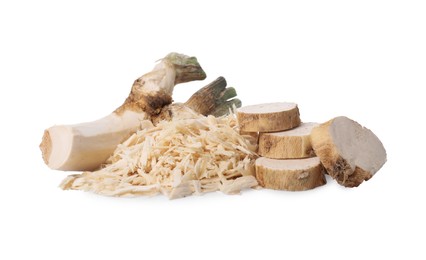 Photo of Grated and cut horseradish root isolated on white