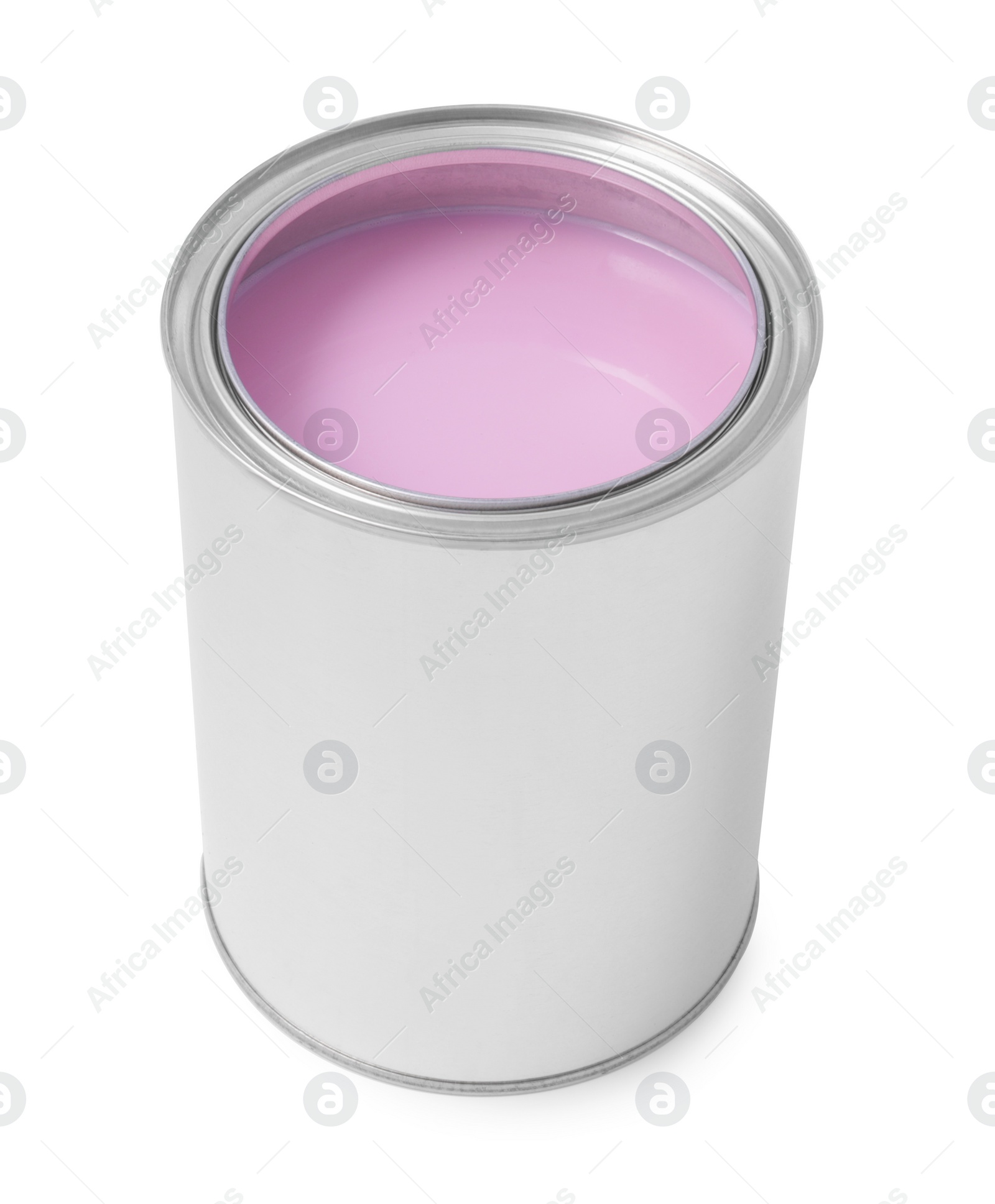 Photo of Can with pink paint on white background