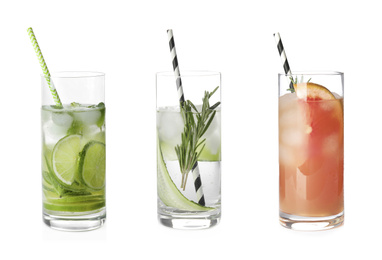 Image of Set with different refreshing cocktails on white background