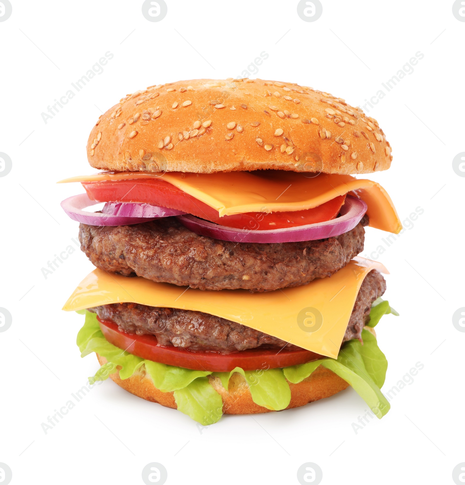 Photo of Delicious burger with meat cutlets, cheese, vegetables and lettuce isolated on white