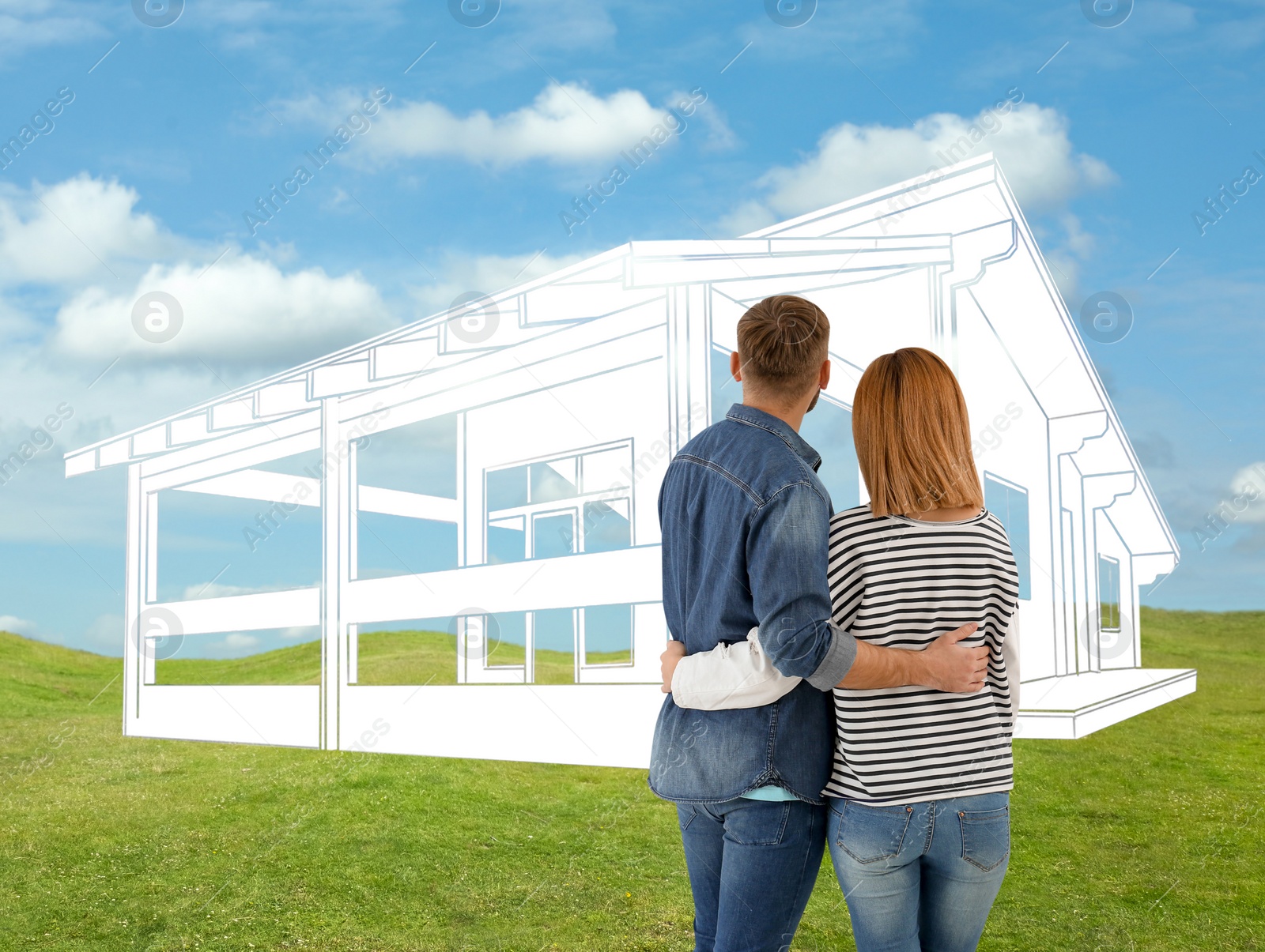 Image of Couple dreaming about future house. Landscape with building illustration