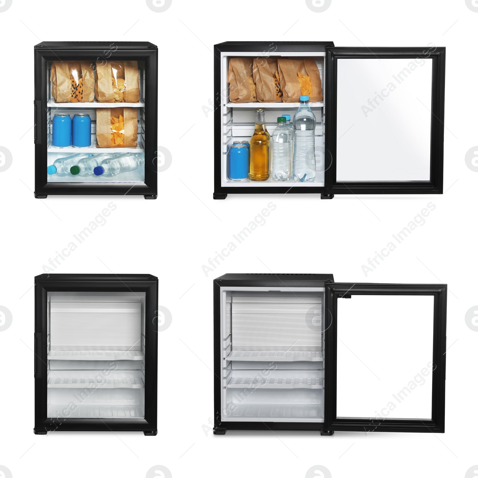 Image of Set of modern black minibars with drinks and snacks on white background 