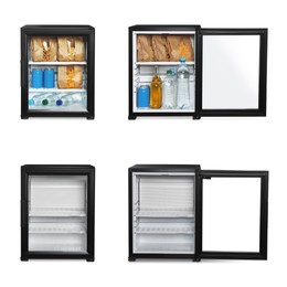 Image of Set of modern black minibars with drinks and snacks on white background 