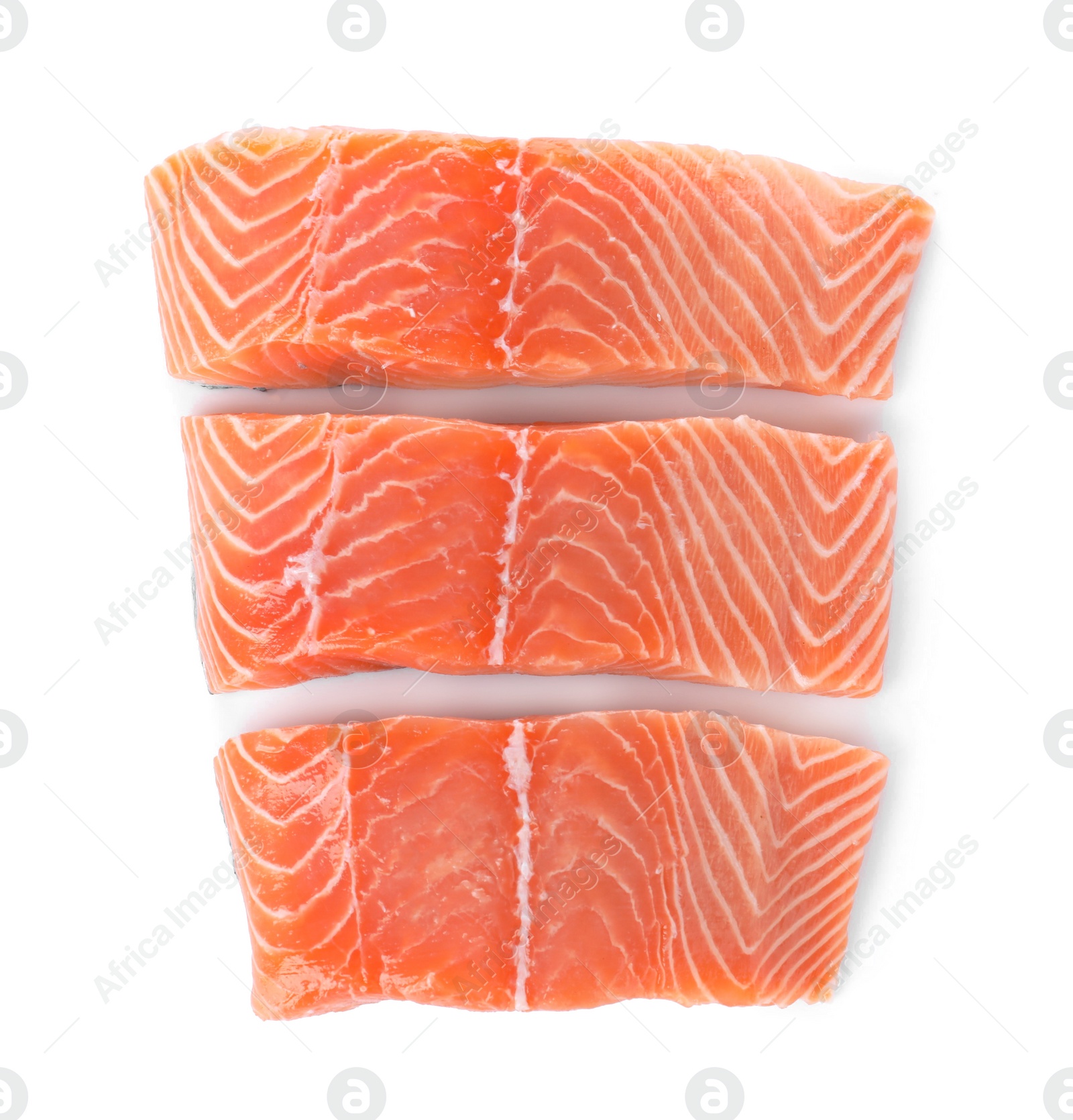 Photo of Fresh raw salmon on white background, top view. Fish delicacy