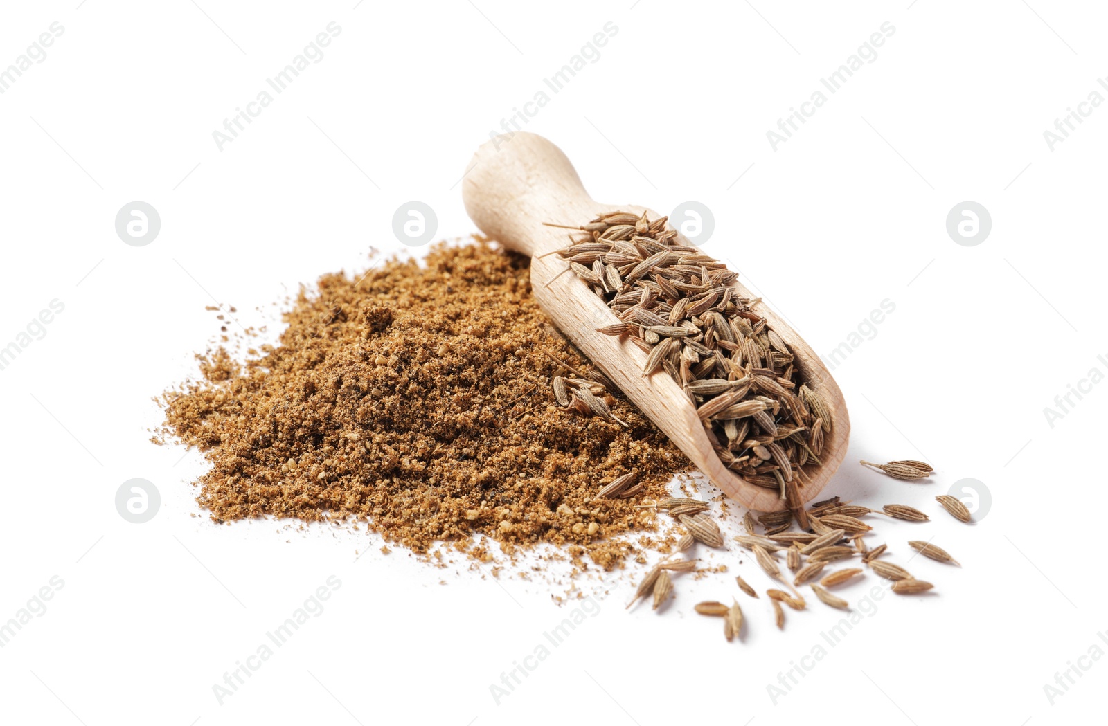Photo of Heap of aromatic caraway (Persian cumin) powder and wooden scoop of seeds isolated on white