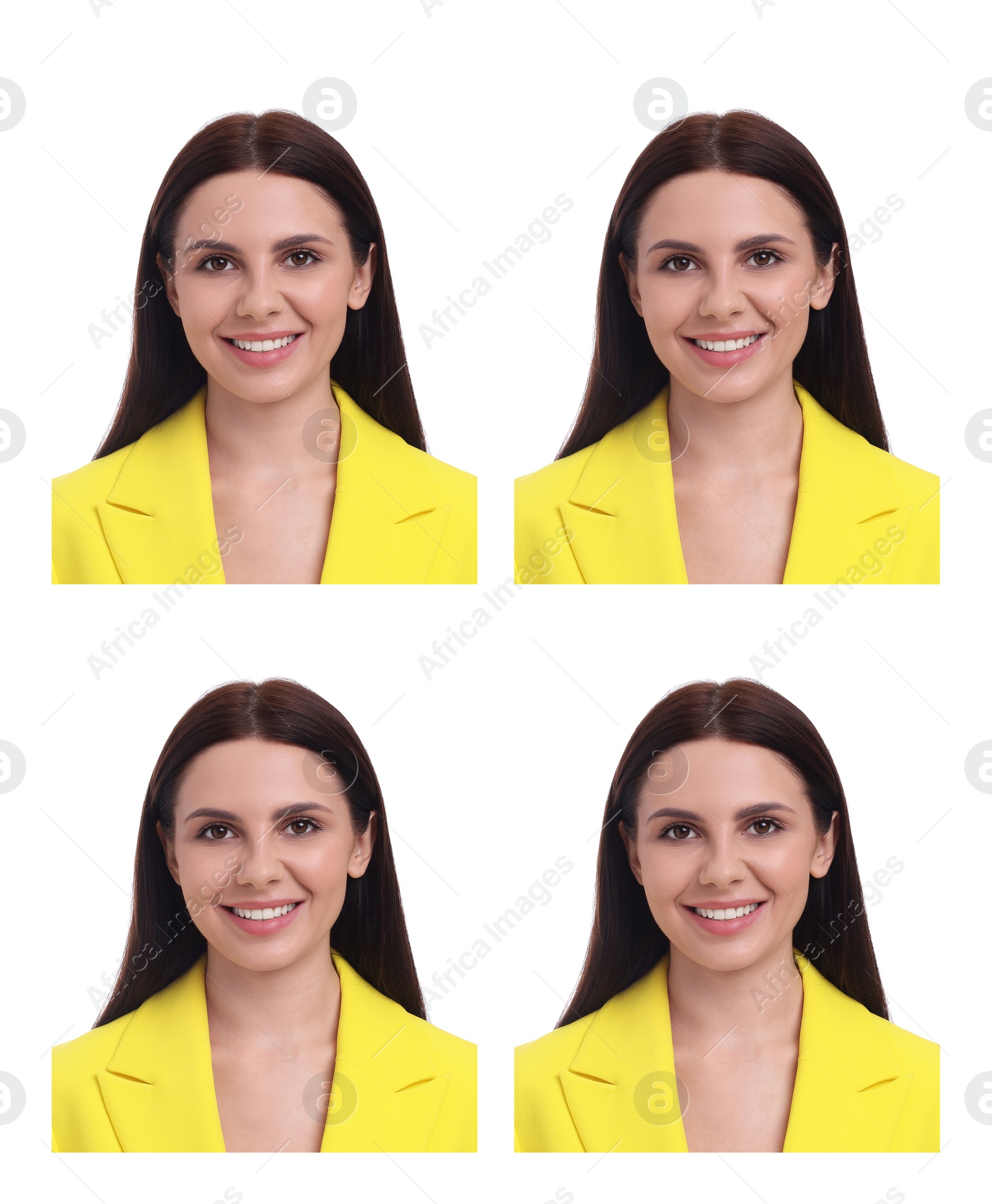 Image of Passport photo, collage. Woman on white background, set of photos