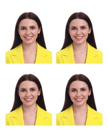 Image of Passport photo, collage. Woman on white background, set of photos