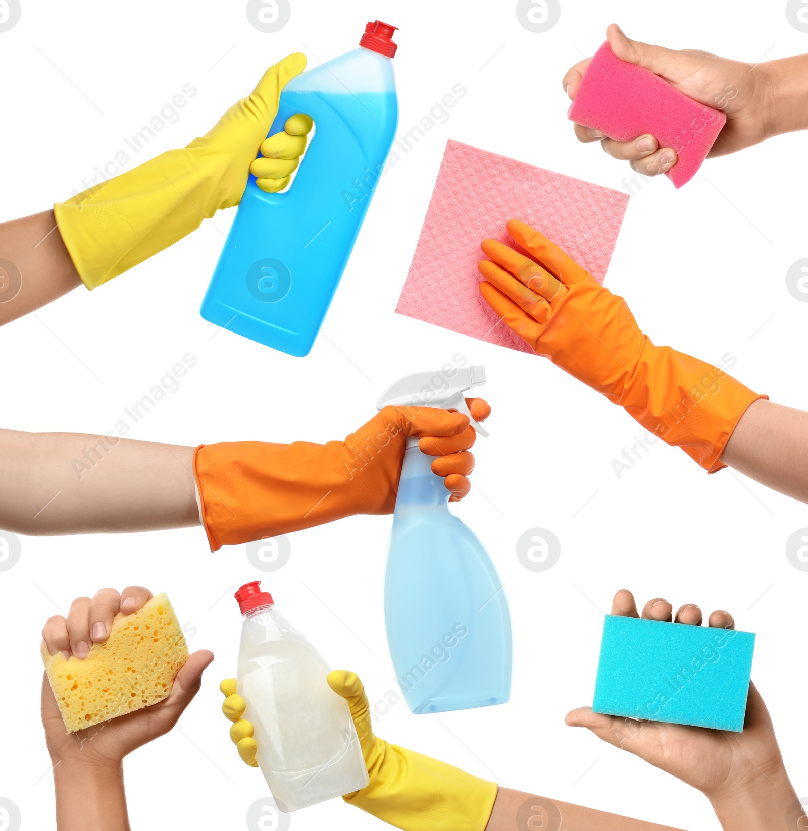 Image of Collage with photos of people holding cleaning supplies on white background, closeup