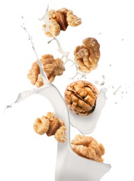 Delicious walnut milk and nuts on white background